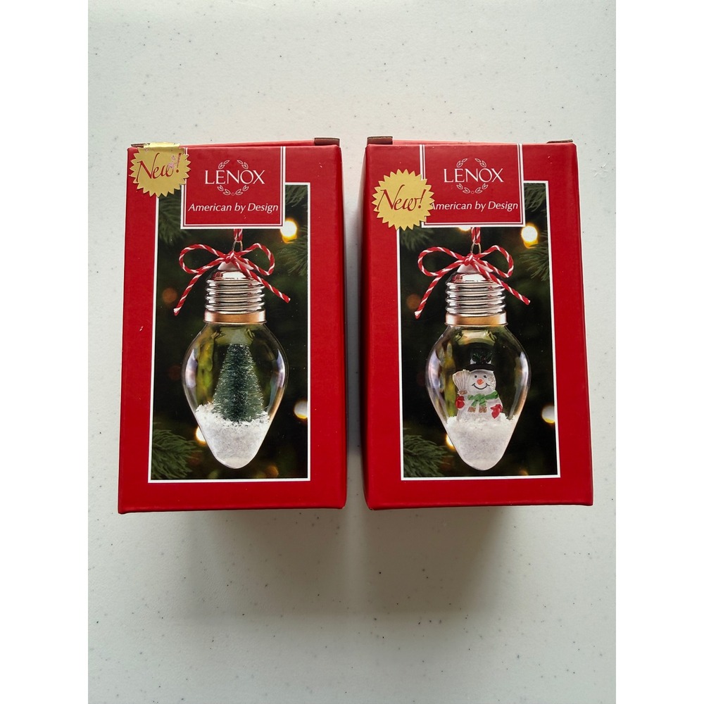 Set of 2 New Lenox Mini Light Bulb Ornaments Snowman Christmas Tree Whimsical